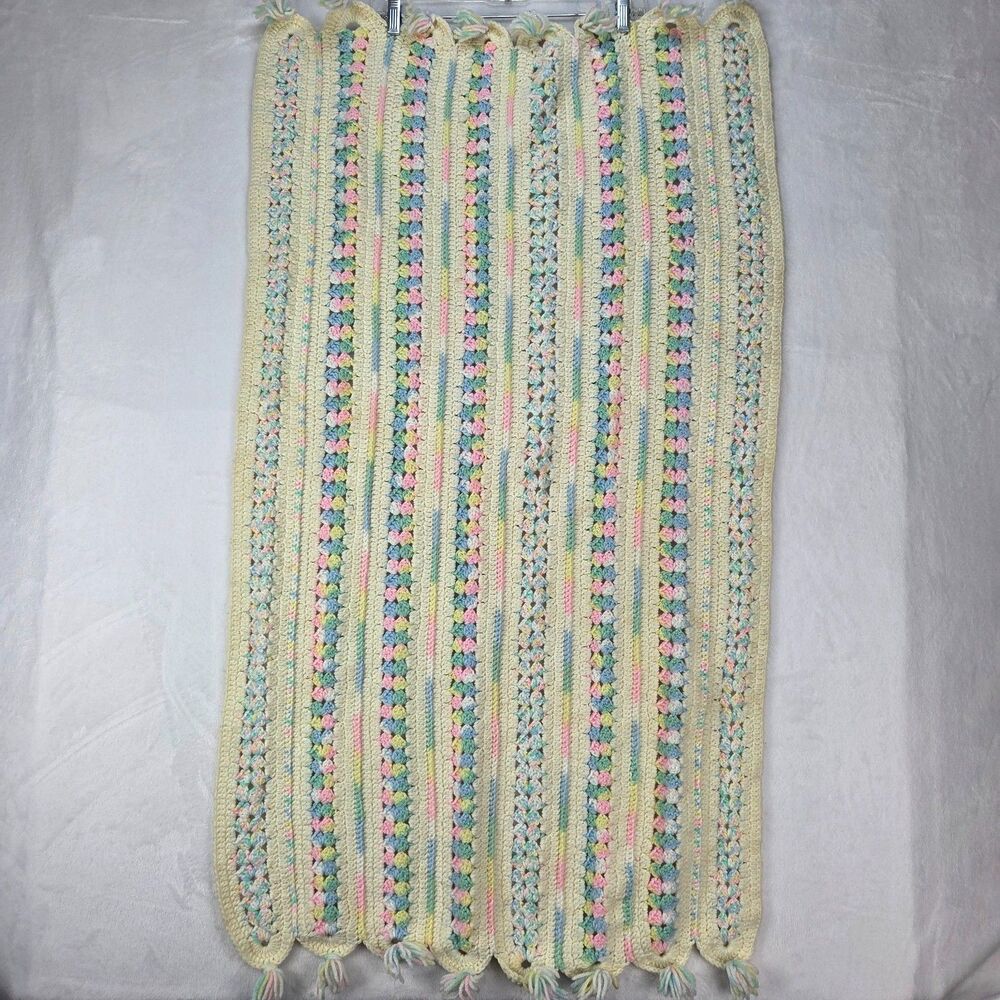 Vintage Handmade Crochet Afghan Blanket 45x25 Pastel Striped Granny Pattern - Picture 2 of 12